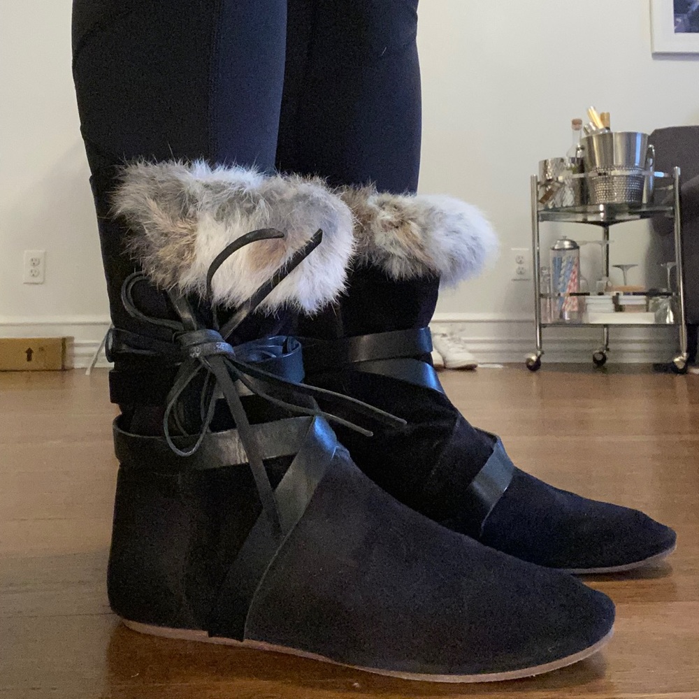 Isabel Marant Black Leather Boots w/ Rabbit Fur